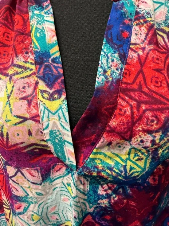 Fury Abstract Print Blouse V Neck Boho Top Pink Blue Multicolor Tunic Chic - Picture 3 of 8